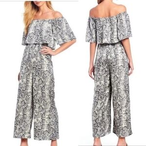 SUGAR + Lips Black Gray Ivory Snake Skin Print Wide Ruffle Wide Leg Jumpsuit